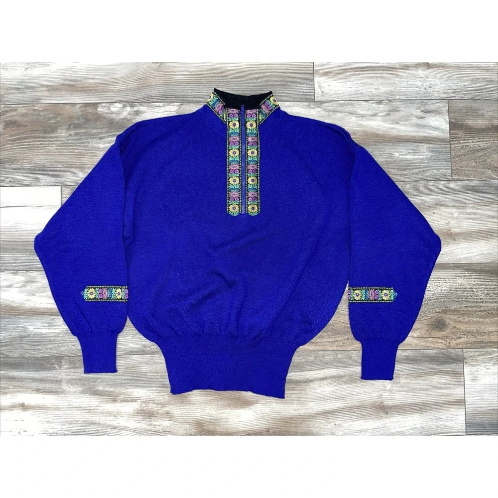 VINTAGE Meister Sweater Womens Large Purple 1/4 Zip Embroidery Trim